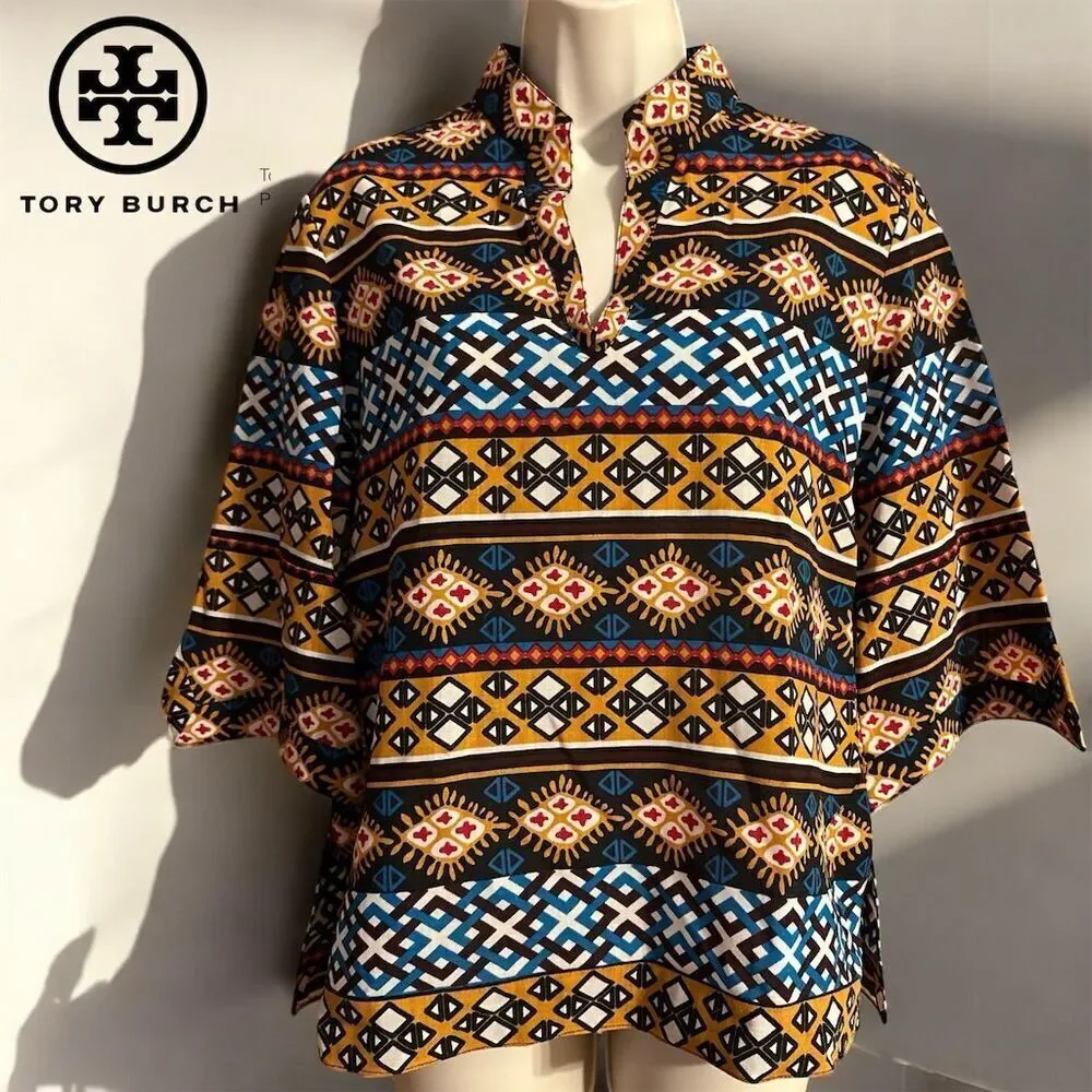 Tory Burch Geometric Wool Blend Multicolor V-Neck Pullover 3/4 Sleeve Blouse Top